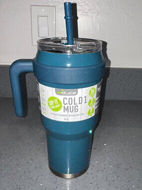 NWT Blue Reduce Cold1 40oz Mug, 40 Hours Cold W/Matching Straw Measures Hydratio